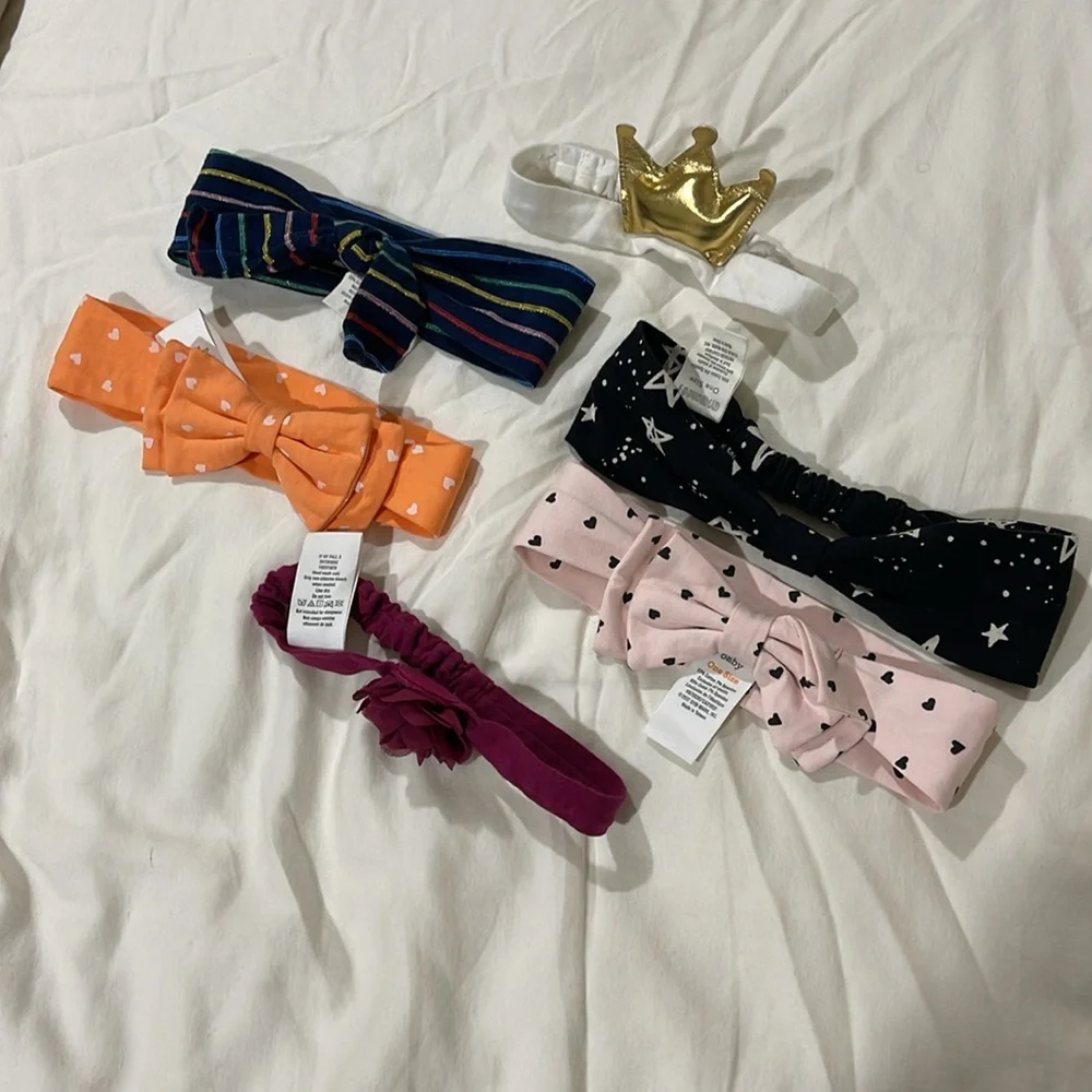 SET OF 6 GYMBOREE BABY ONE SIZE STRETCH HEADBANDS WITH BOWS, FLOWER, & A CROWN